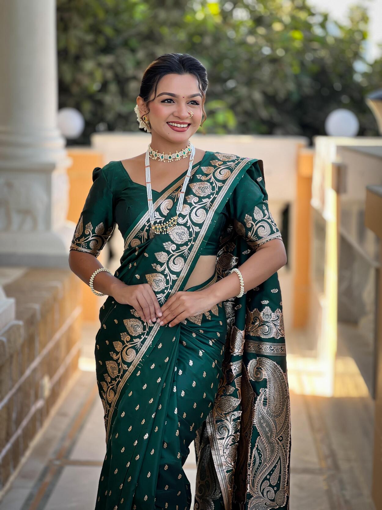 Nectarous Dark Green Soft Banarasi Silk Saree With Glamorous Blouse Piece