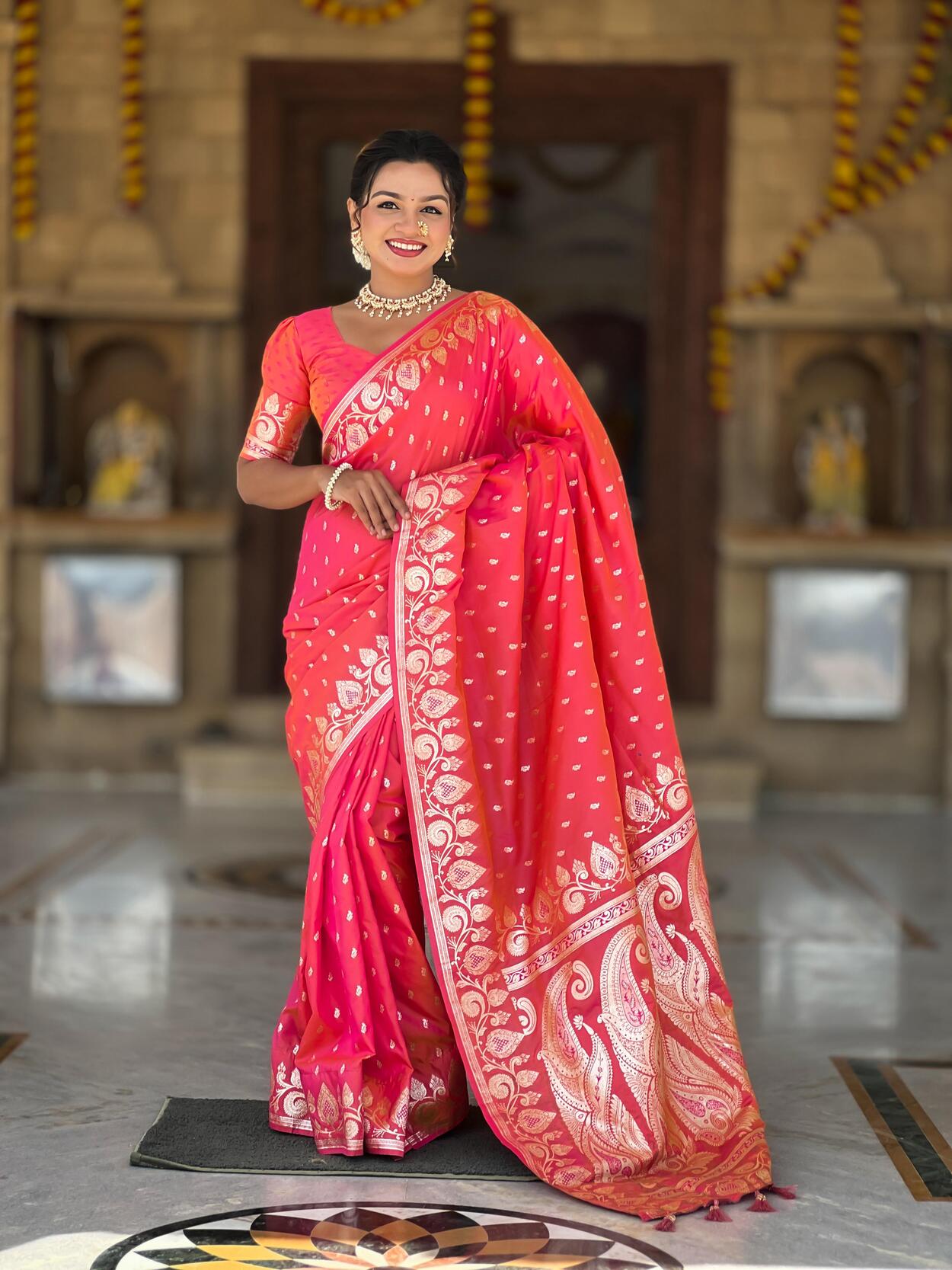 Desultory Pink Soft Banarasi Silk Saree With Assemblage Blouse Piece