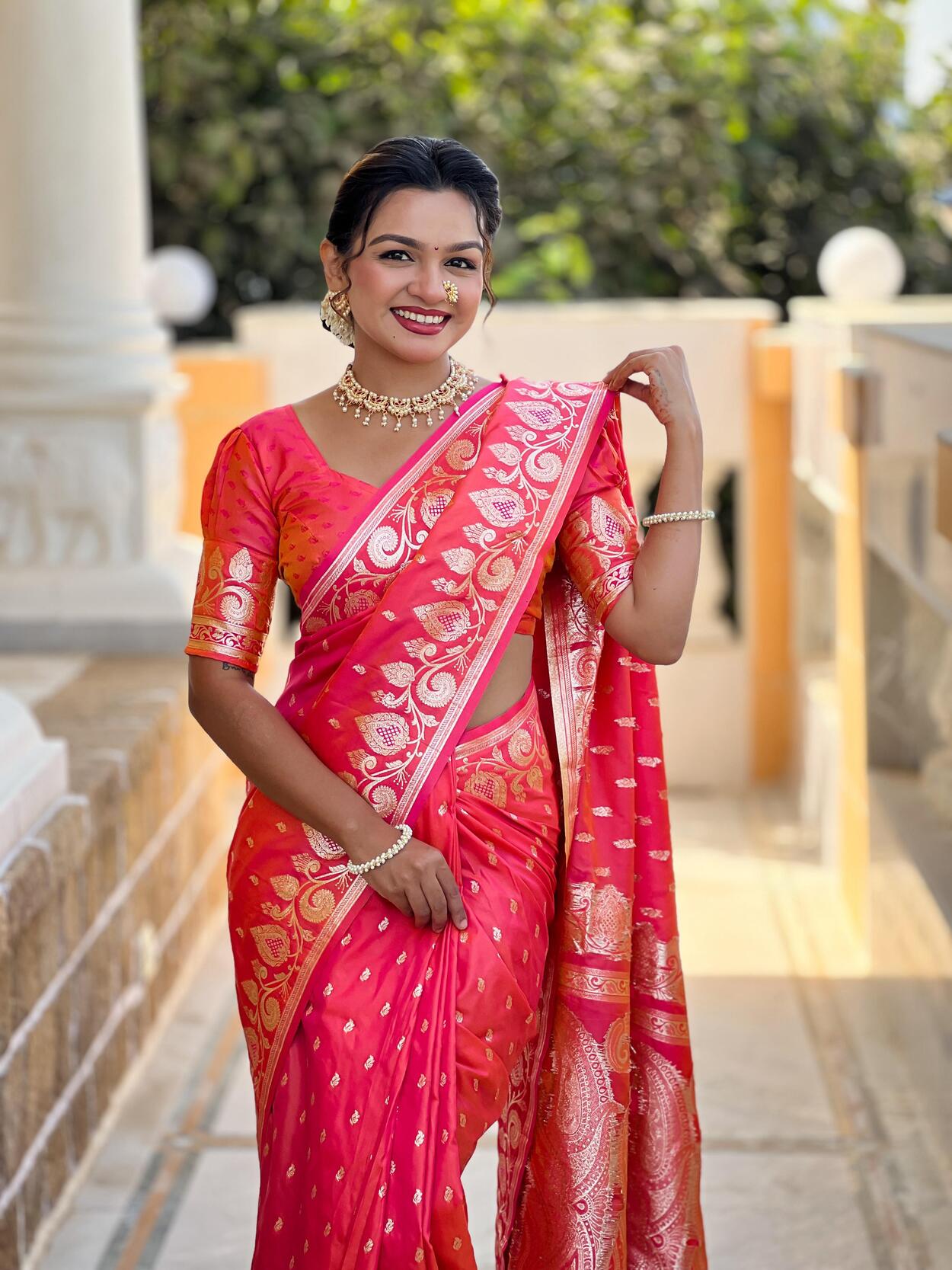 Desultory Pink Soft Banarasi Silk Saree With Assemblage Blouse Piece