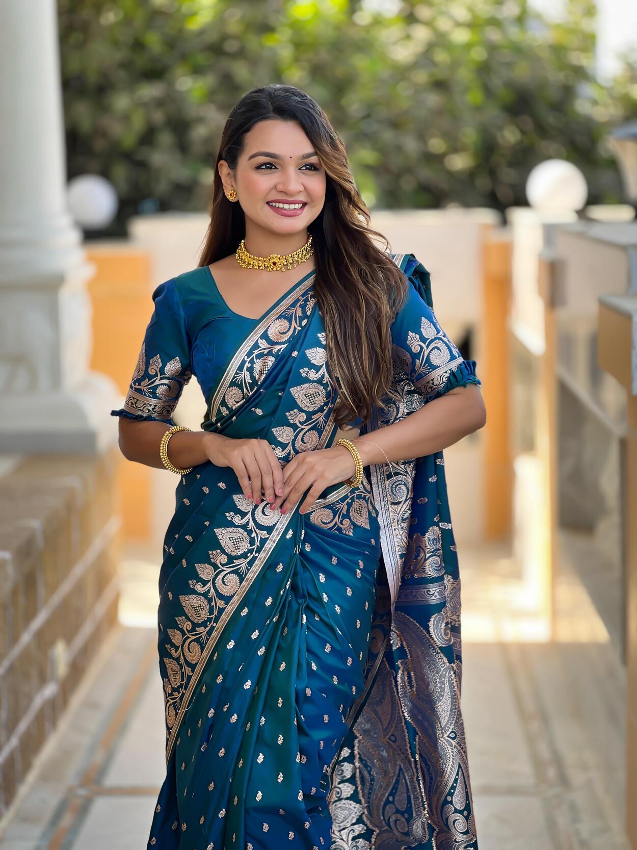 Attractive Teal Blue Soft Banarasi Silk Saree With Adorning Blouse Piece