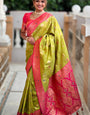 Radiant Mehndi Soft Banarasi Silk Saree With Captivating Blouse Piece