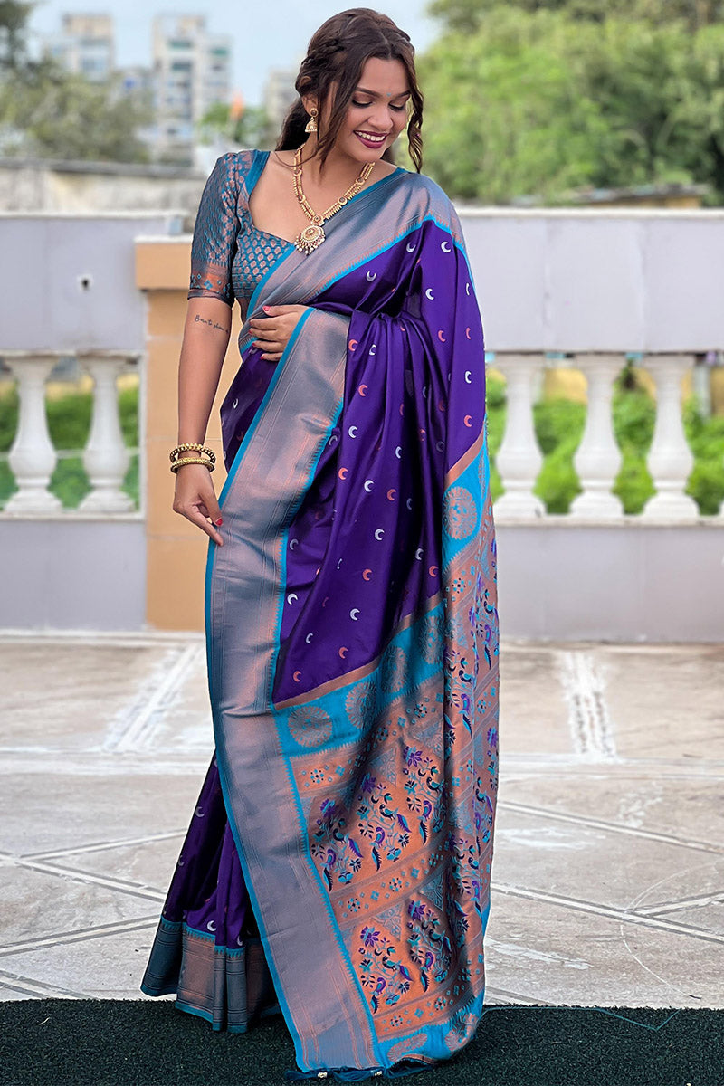 Designer Royal Blue Paithani Silk Saree With Staring Blouse Piece