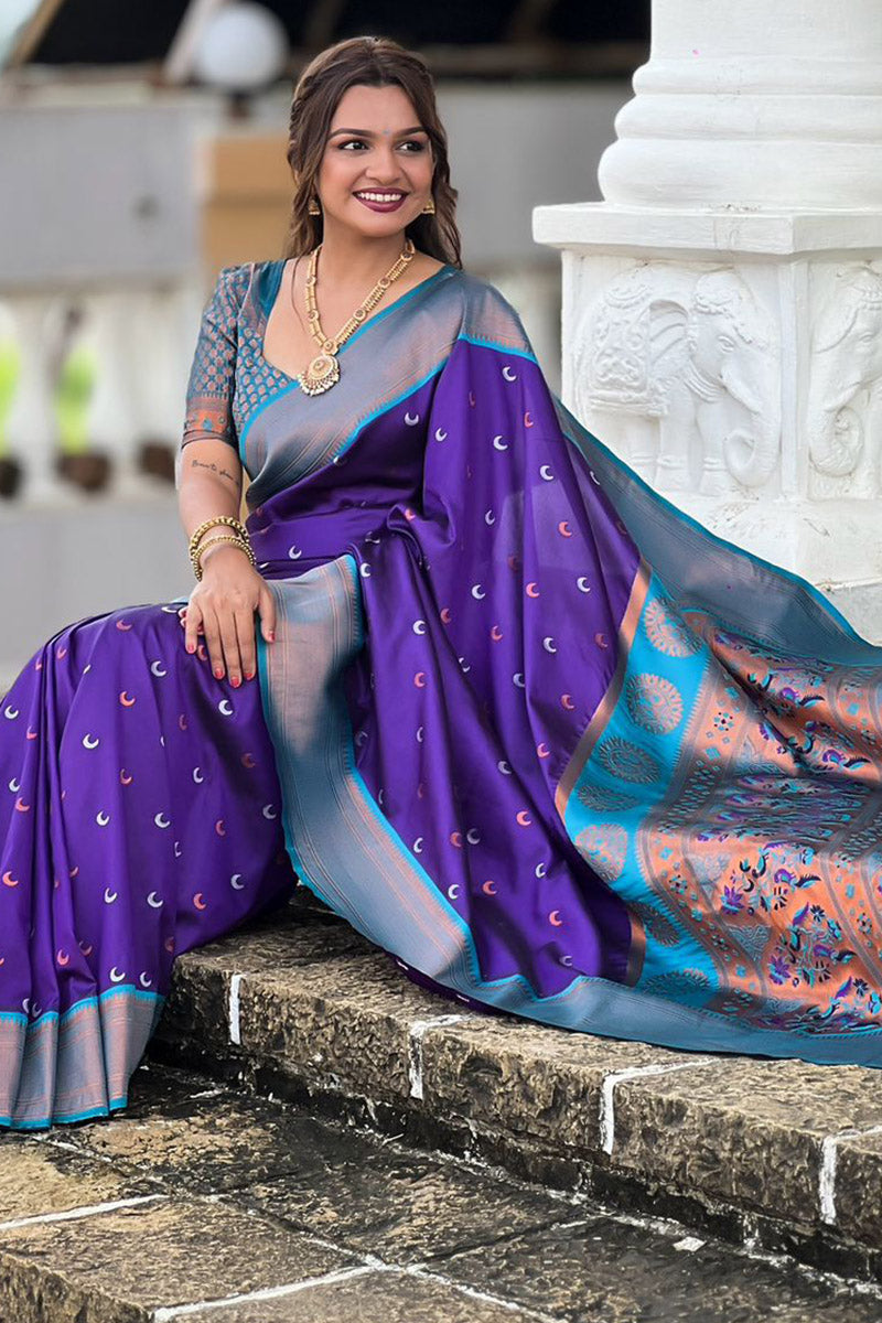 Designer Royal Blue Paithani Silk Saree With Staring Blouse Piece