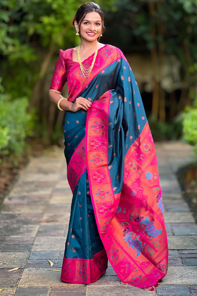 Flaunt Teal Blue Paithani Silk Saree With Marvellous Blouse Piece