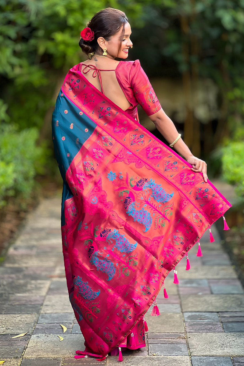 Flaunt Teal Blue Paithani Silk Saree With Marvellous Blouse Piece
