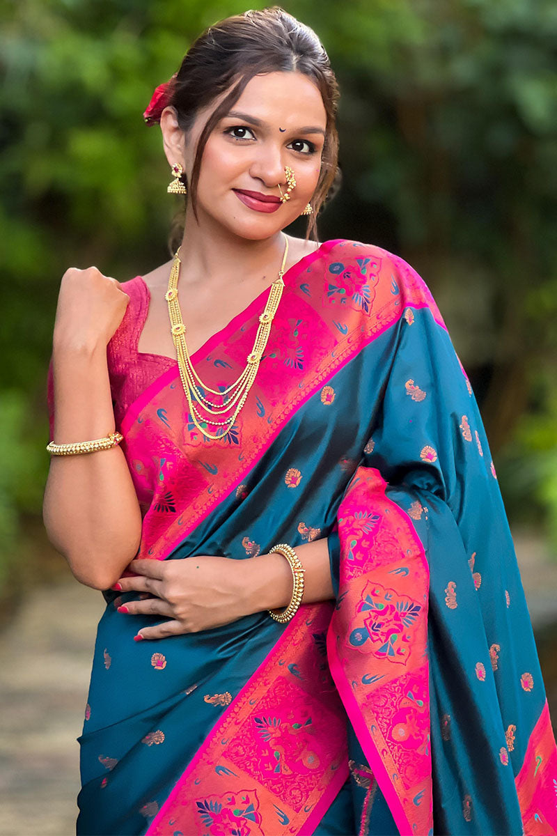 Flaunt Teal Blue Paithani Silk Saree With Marvellous Blouse Piece