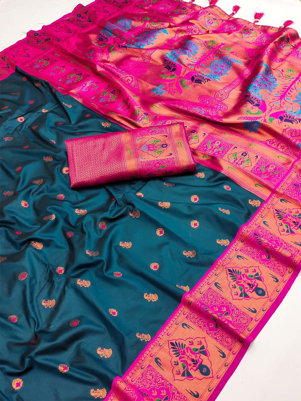 Flaunt Teal Blue Paithani Silk Saree With Marvellous Blouse Piece
