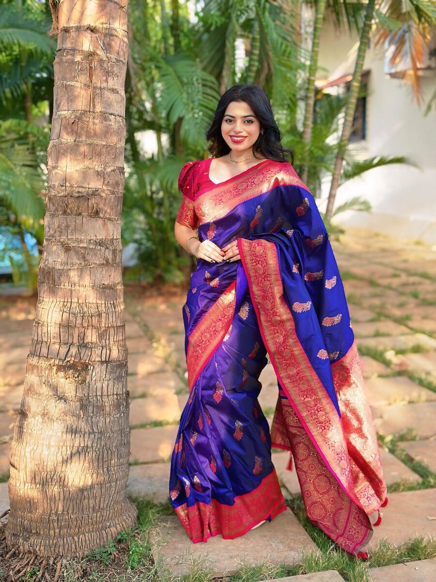 Desultory Blue Soft Banarasi Silk Saree With Prettiest Blouse Piece