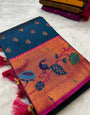 Radiant Teal Blue Paithani Silk Saree With Phenomenal Blouse Piece