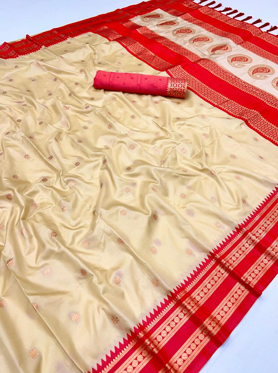 Invaluable Beige Soft Banarasi Silk Saree With Embellished Blouse Piece