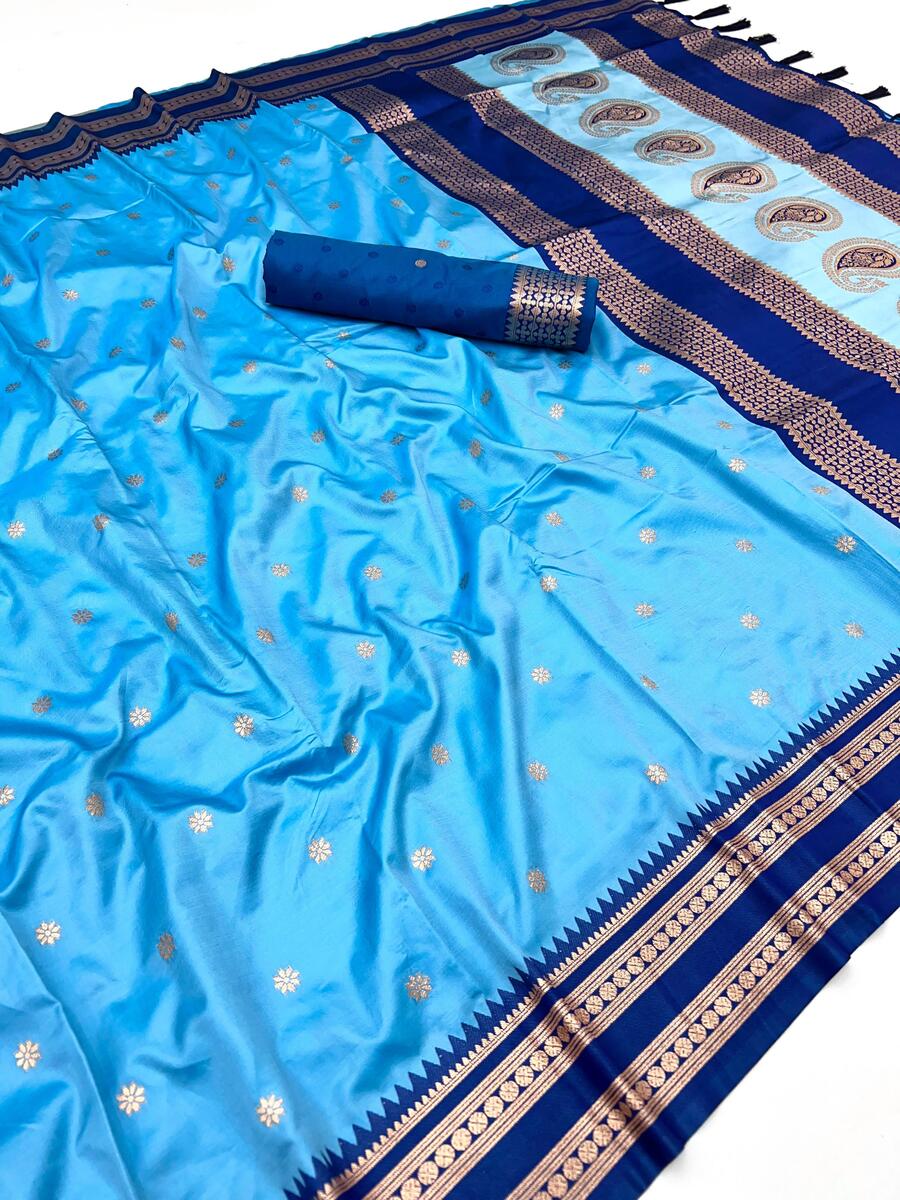 Lissome Firozi Soft Banarasi Silk Saree With Designer Blouse Piece