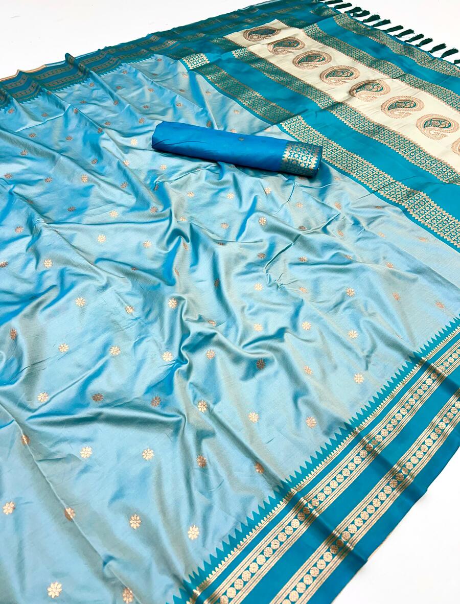 Elaborate Sky Soft Banarasi Silk Saree With Mellifluous Blouse Piece