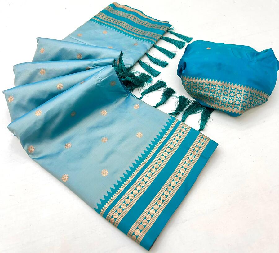 Elaborate Sky Soft Banarasi Silk Saree With Mellifluous Blouse Piece