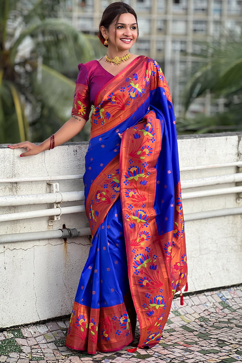 Opulent Royal Blue Paithani Silk Saree With Fragrant Blouse Piece