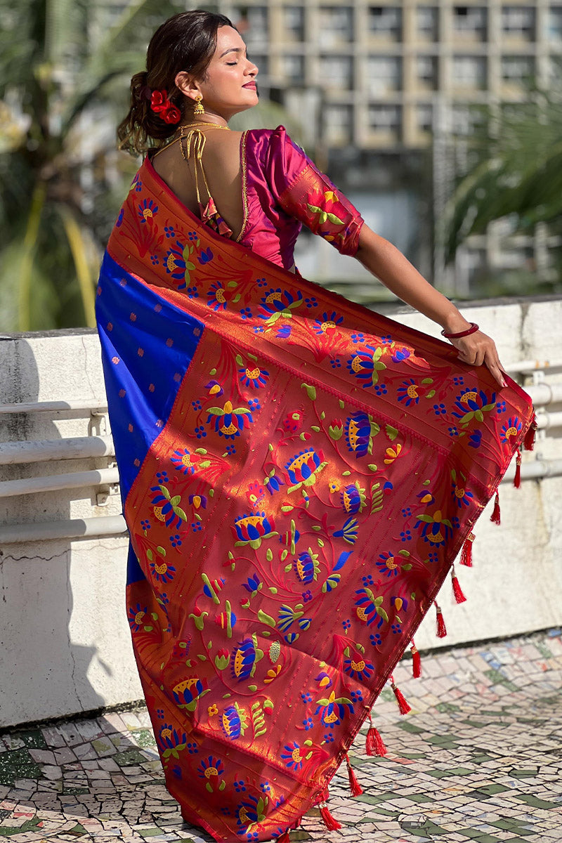 Opulent Royal Blue Paithani Silk Saree With Fragrant Blouse Piece