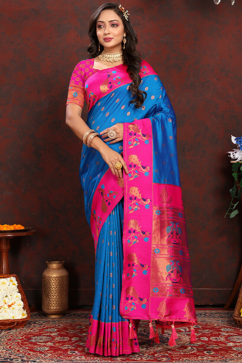 Ideal Blue Paithani Silk Saree With Mesmeric Blouse Piece