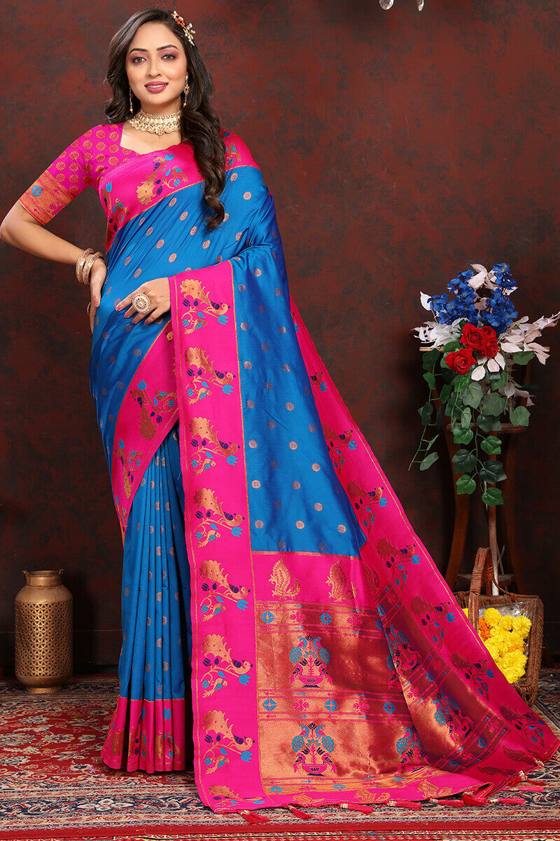Ideal Blue Paithani Silk Saree With Mesmeric Blouse Piece