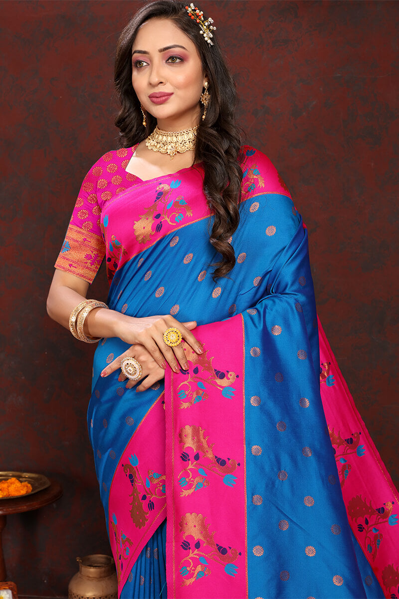 Ideal Blue Paithani Silk Saree With Mesmeric Blouse Piece