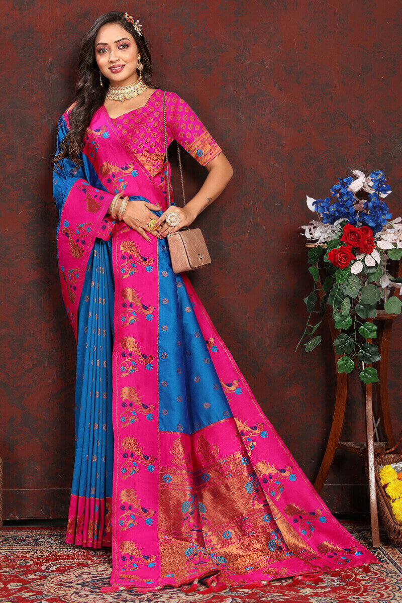 Ideal Blue Paithani Silk Saree With Mesmeric Blouse Piece