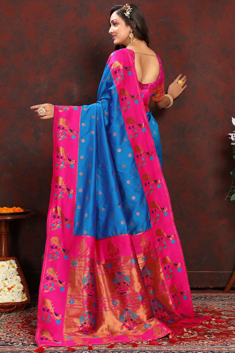 Ideal Blue Paithani Silk Saree With Mesmeric Blouse Piece