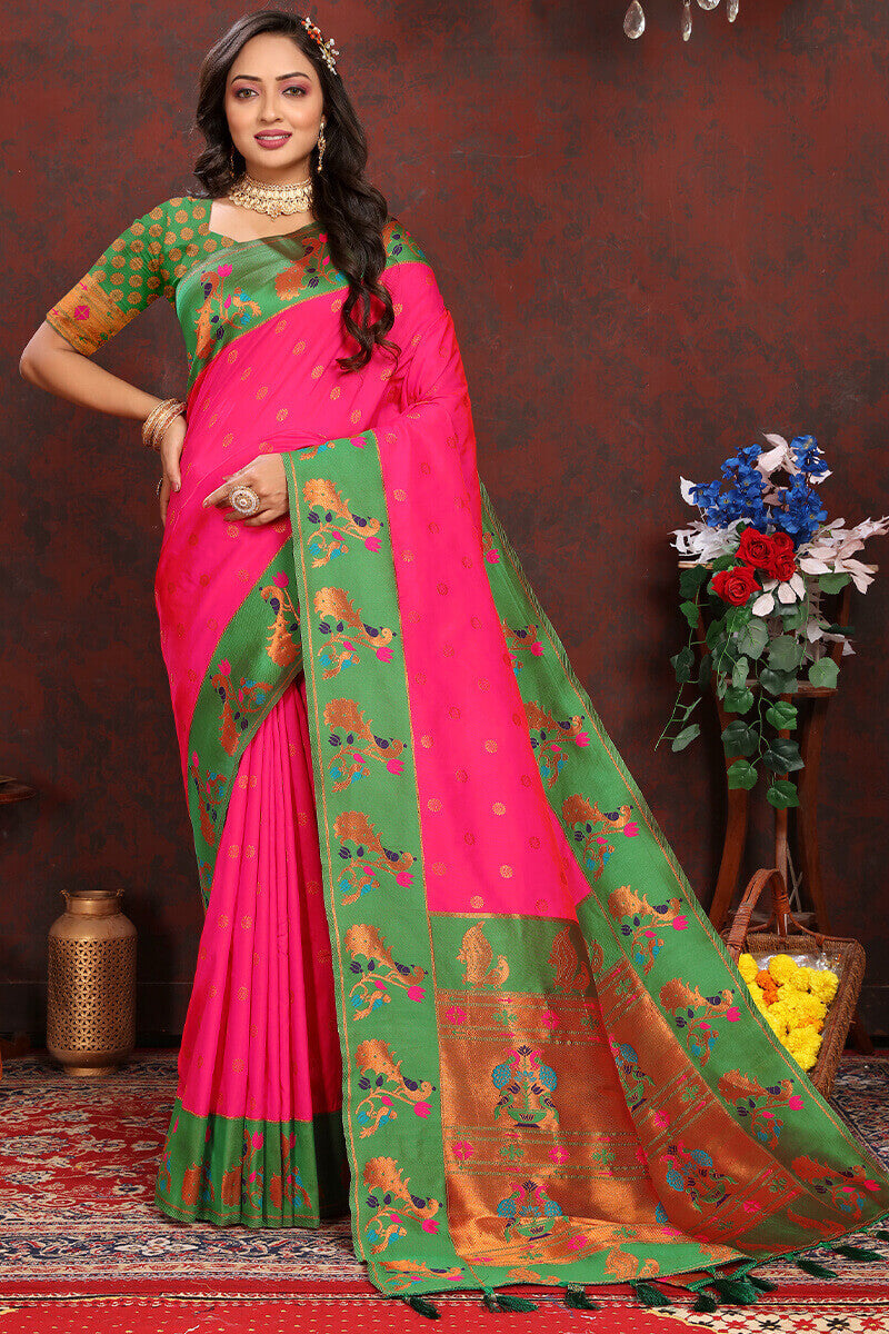 Desiring Dark Pink Paithani Silk Saree With Beautiful Blouse Piece