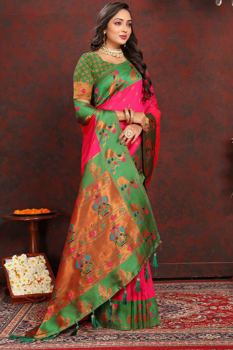 Desiring Dark Pink Paithani Silk Saree With Beautiful Blouse Piece