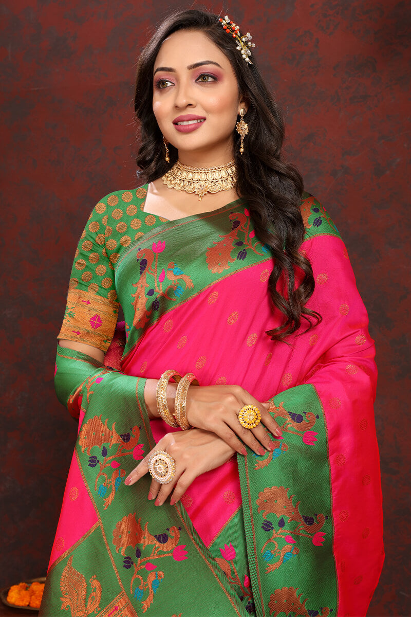 Desiring Dark Pink Paithani Silk Saree With Beautiful Blouse Piece