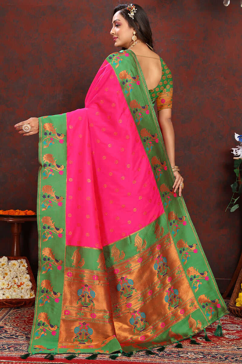 Desiring Dark Pink Paithani Silk Saree With Beautiful Blouse Piece