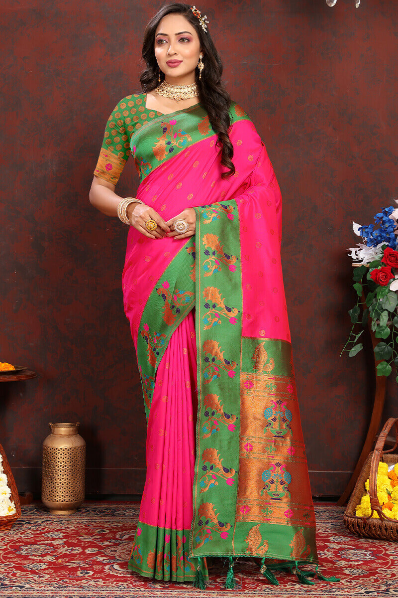 Desiring Dark Pink Paithani Silk Saree With Beautiful Blouse Piece