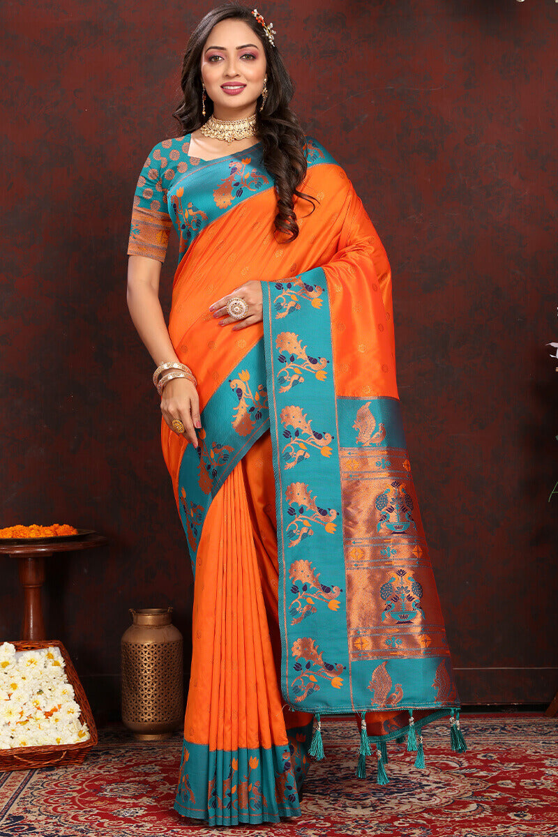 Charismatic Orange Paithani Silk Saree With Splendiferous Blouse Piece