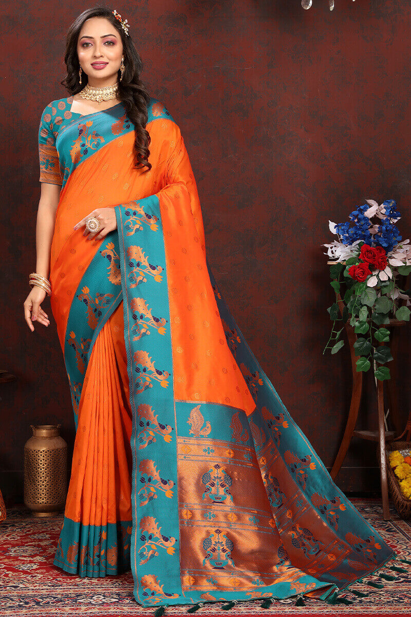 Charismatic Orange Paithani Silk Saree With Splendiferous Blouse Piece