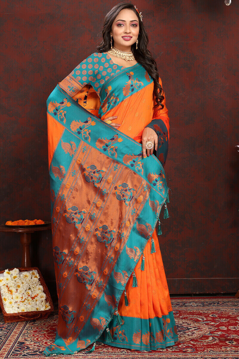 Charismatic Orange Paithani Silk Saree With Splendiferous Blouse Piece