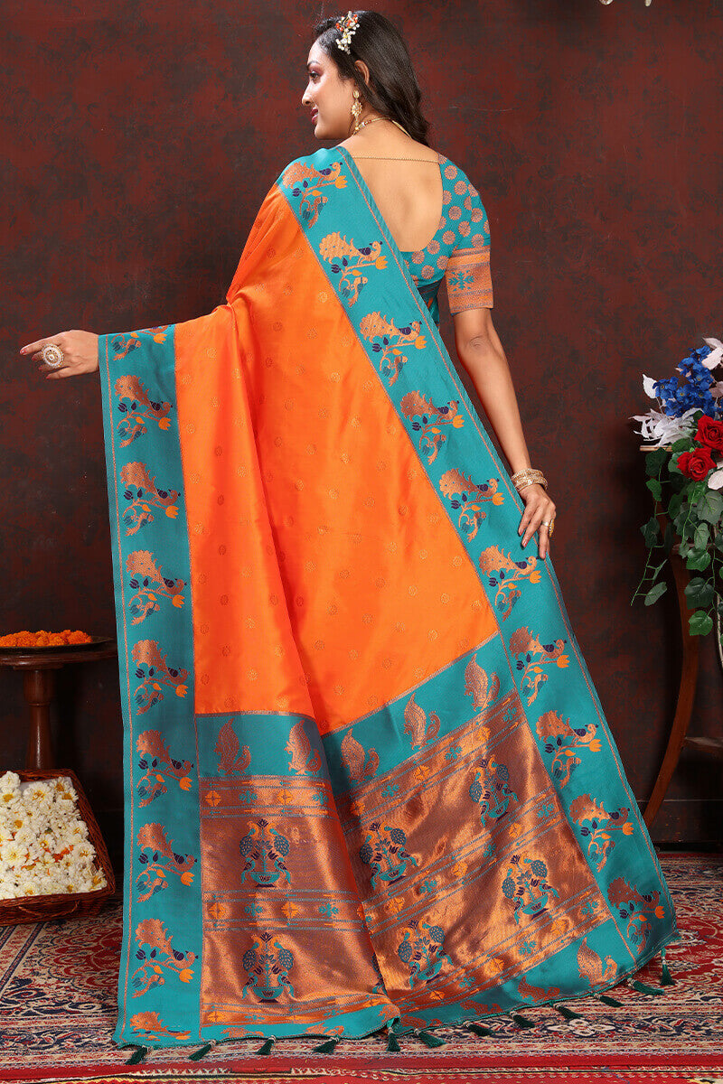 Charismatic Orange Paithani Silk Saree With Splendiferous Blouse Piece