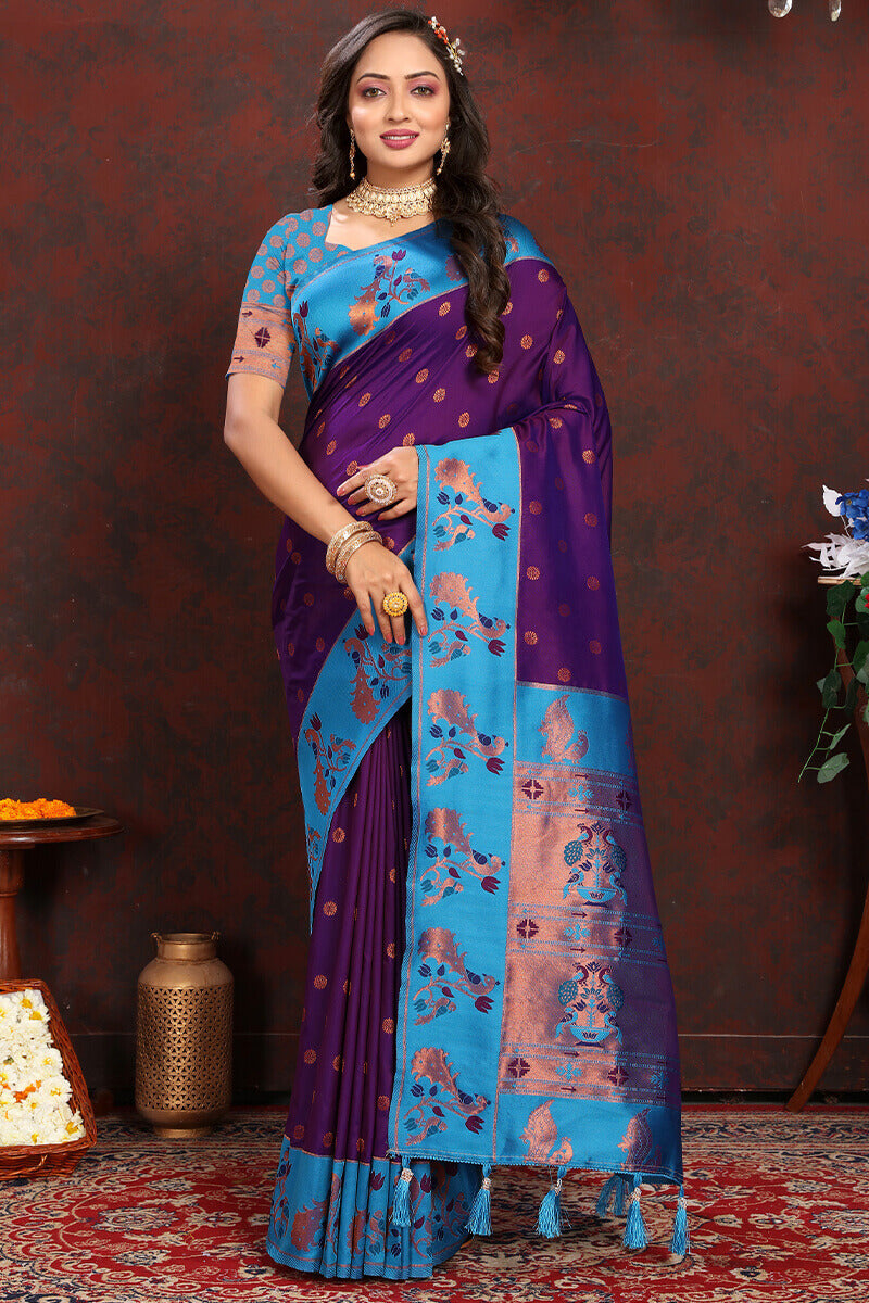 Exquisite Purple Paithani Silk Saree With Ethnic Blouse Piece