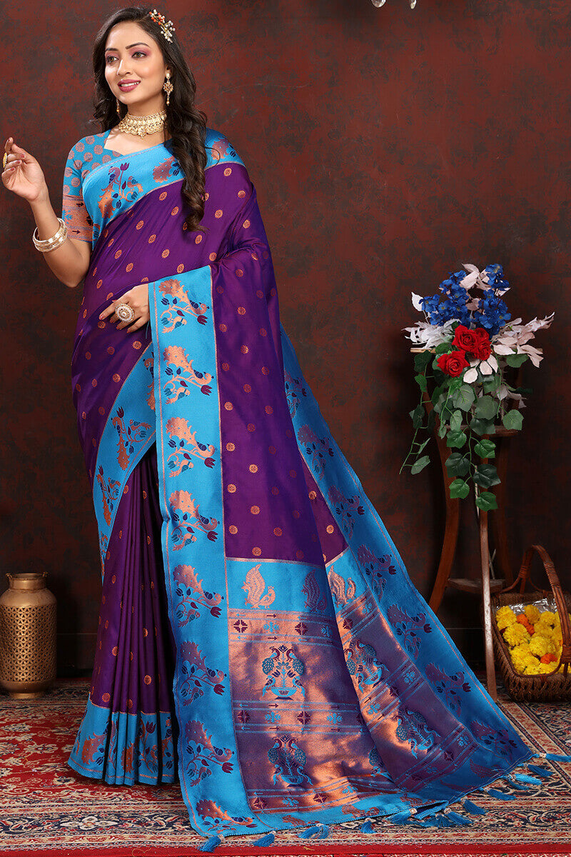 Exquisite Purple Paithani Silk Saree With Ethnic Blouse Piece