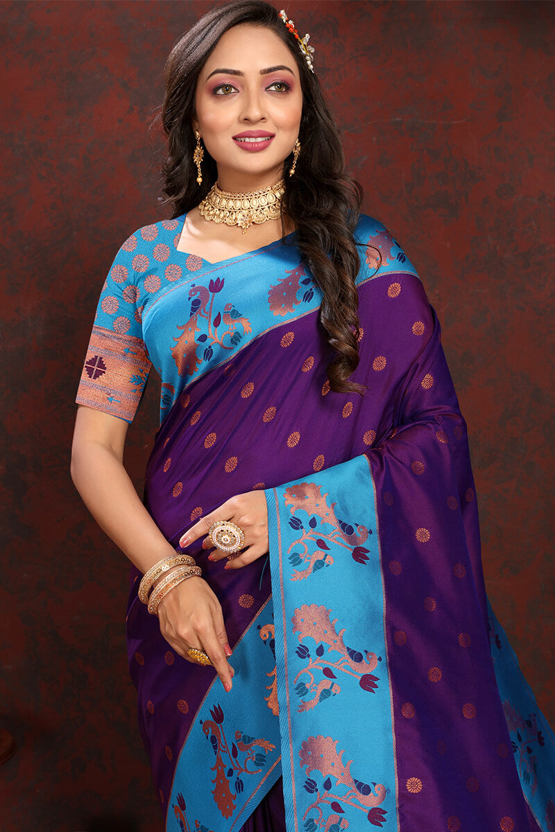 Exquisite Purple Paithani Silk Saree With Ethnic Blouse Piece