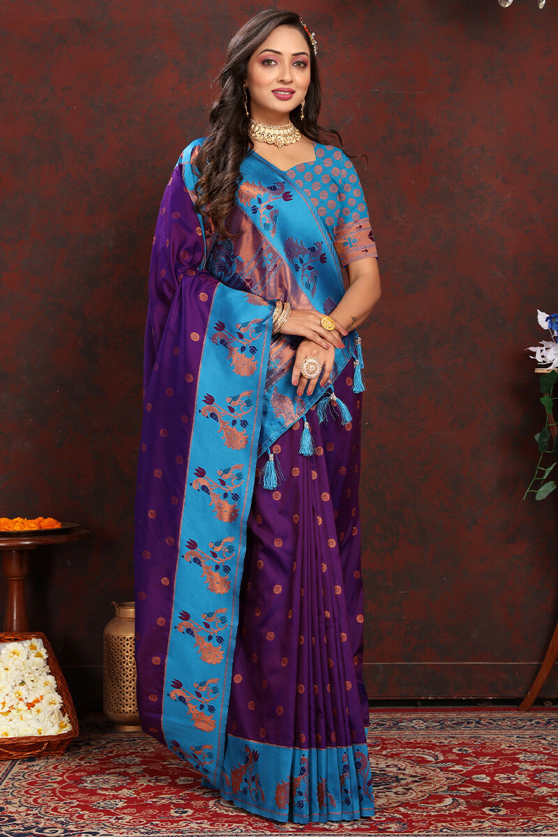 Exquisite Purple Paithani Silk Saree With Ethnic Blouse Piece