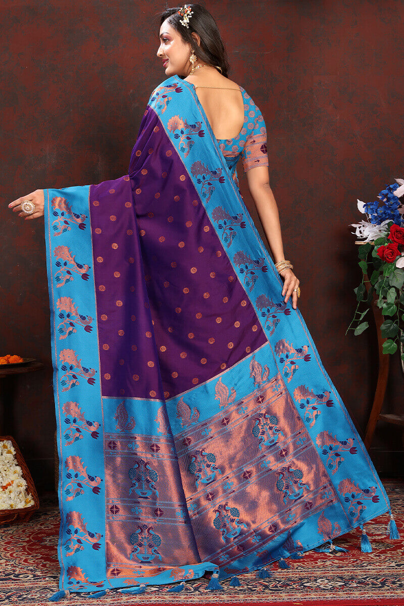 Exquisite Purple Paithani Silk Saree With Ethnic Blouse Piece