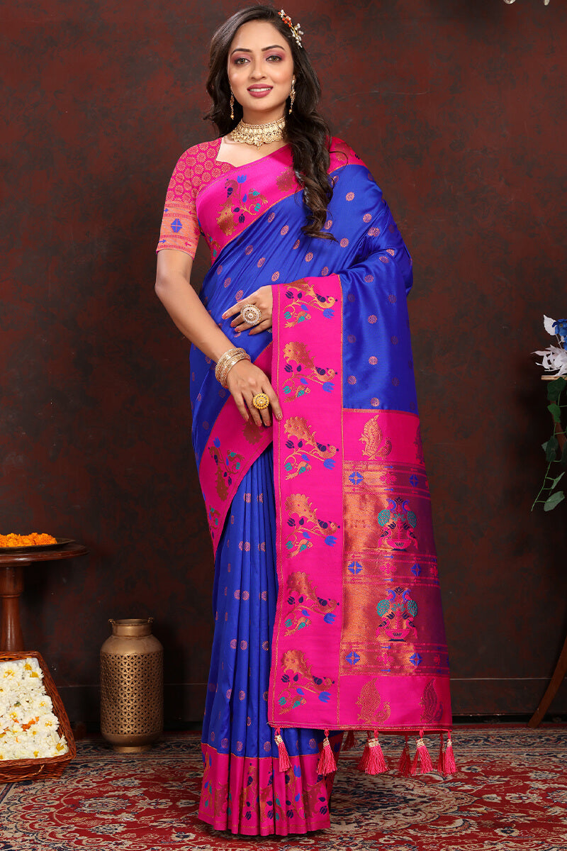 Bewitching Royal Blue Paithani Silk Saree With Redolent Blouse Piece