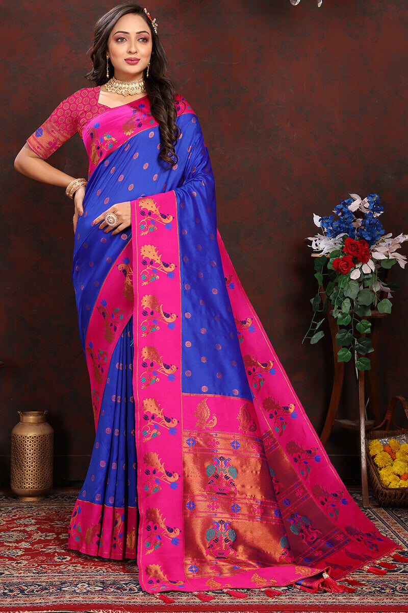 Bewitching Royal Blue Paithani Silk Saree With Redolent Blouse Piece