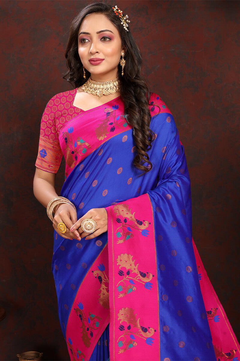 Bewitching Royal Blue Paithani Silk Saree With Redolent Blouse Piece