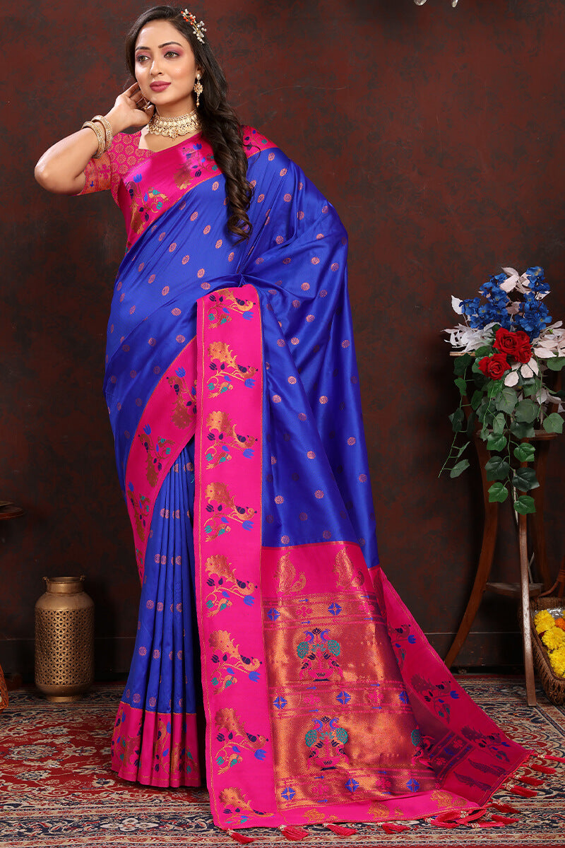 Bewitching Royal Blue Paithani Silk Saree With Redolent Blouse Piece