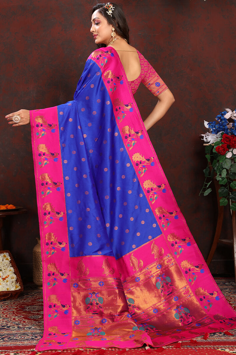 Bewitching Royal Blue Paithani Silk Saree With Redolent Blouse Piece
