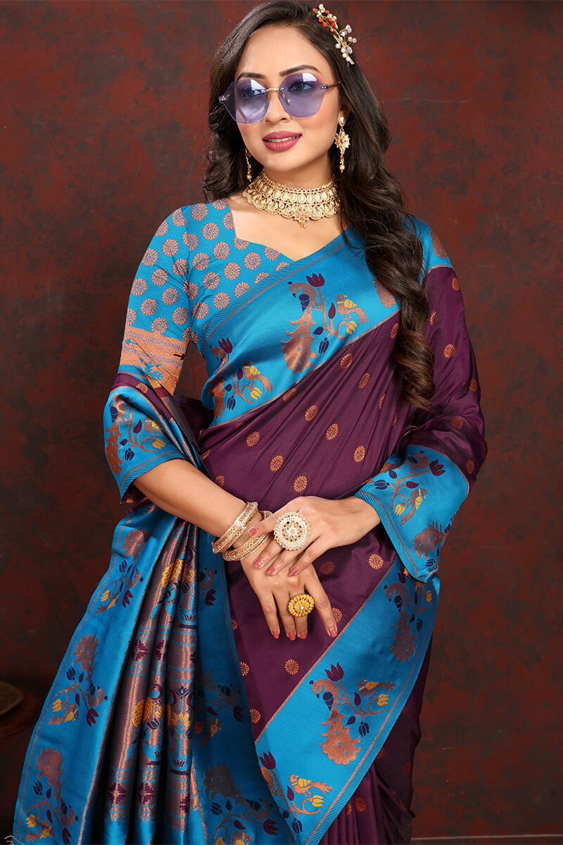 Scrupulous Wine Paithani Silk Saree With Tantalizing Blouse Piece