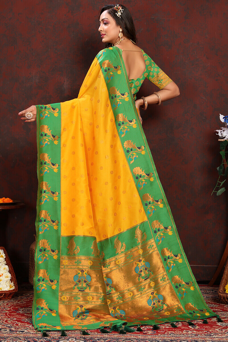 Ravishing Yellow Paithani Silk Saree With Staggering Blouse Piece