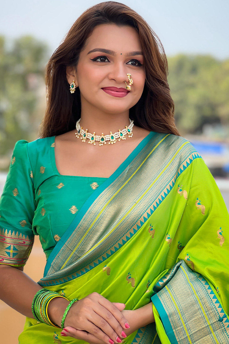 Innovative Parrot Paithani Silk Saree With Trendy Blouse Piece