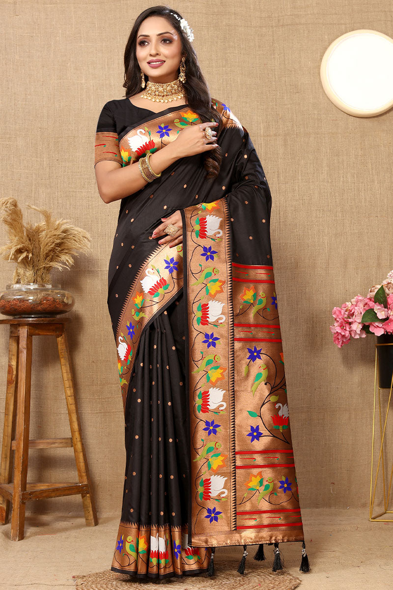 Engrossing Black Paithani Silk Saree With Wonderful Blouse Piece
