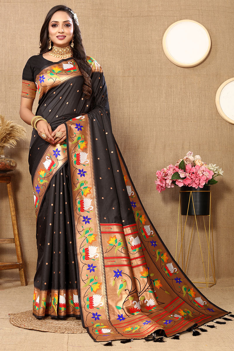 Engrossing Black Paithani Silk Saree With Wonderful Blouse Piece