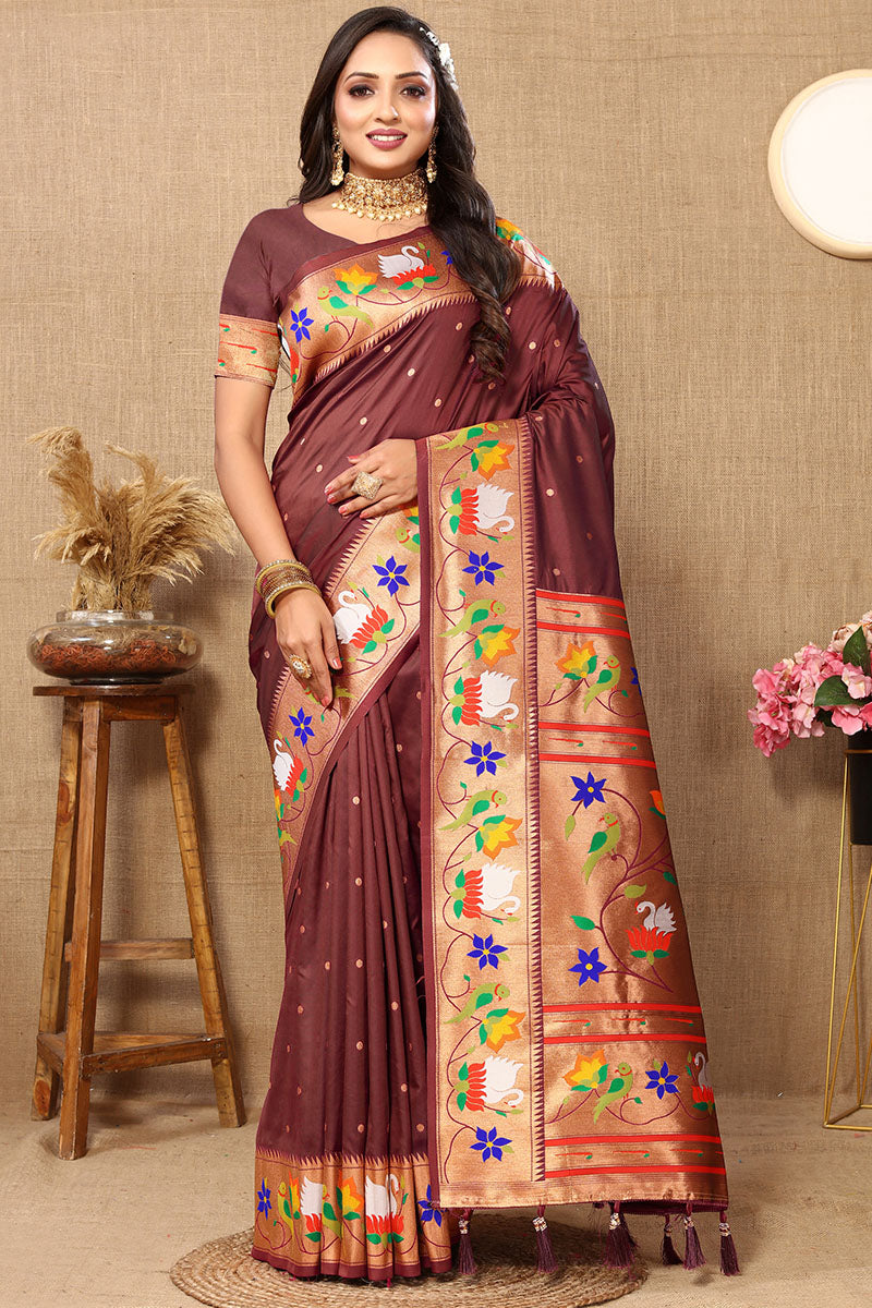 Sophisticated Brown Paithani Silk Saree With Marvellous Blouse Piece