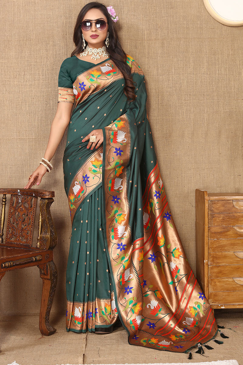 Winsome Dark Green Paithani Silk Saree With Aplomb Blouse Piece